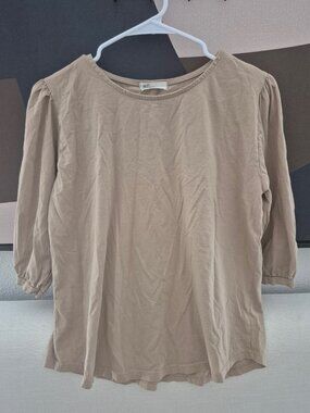 Cotton Round Neck 3/4 Sleeve Puff Sleeve T-Shirt, XS, Beige (Korean Brand)